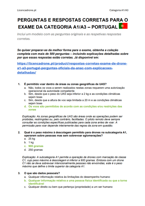 Respostas Corretas Exame de Drone A1/A3 Portugal – Perguntas Oficiais da ANAC com Explicações Detalhadas