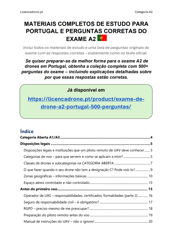 Exame de Drone A2 Portugal – 500+ Perguntas Oficiais ANAC com Respostas Detalhadas, Acesso Imediato e Garantia de Aprovação